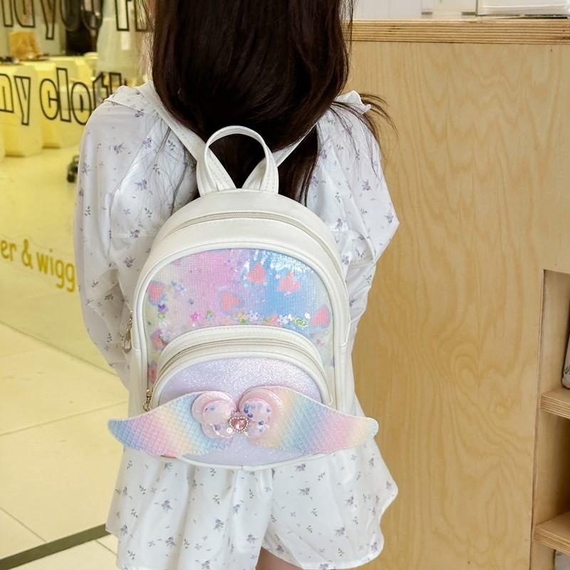 Милый рюкзак для девочек с пайетками в форме сердца и крыльями, из легкого полиуретана, для детского сада и школы