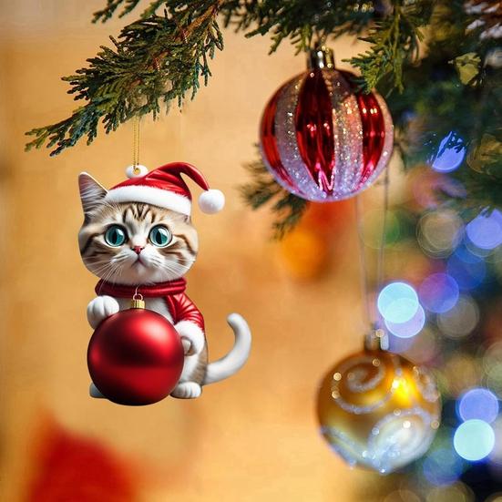 Vibrant Color Super Cute Car Cat Santa Charm Acrylic Hat Kitten Christmas Tree Hanging Decoration