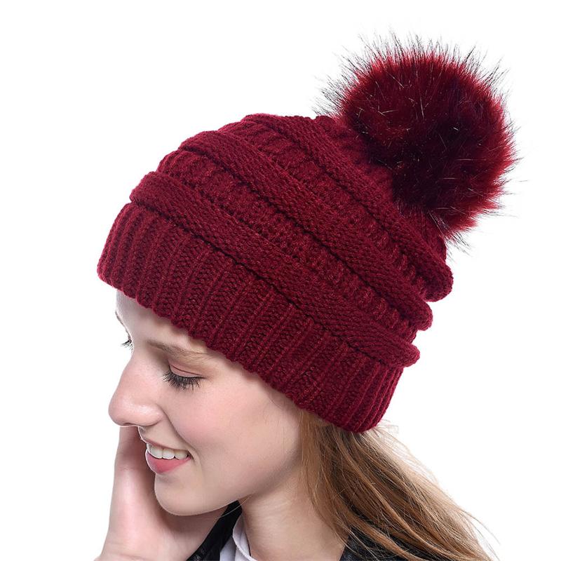 1Pc Fashion Winter Women Thick Warm Beanies Slouchy Pom Pom Beanie Cap Wool Knitted Hat