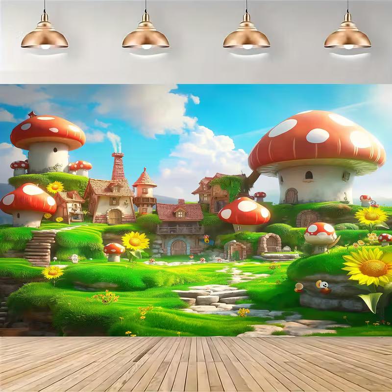 2D Magical Mushroom Town Backdrop for Enchanted Themed Celebrations