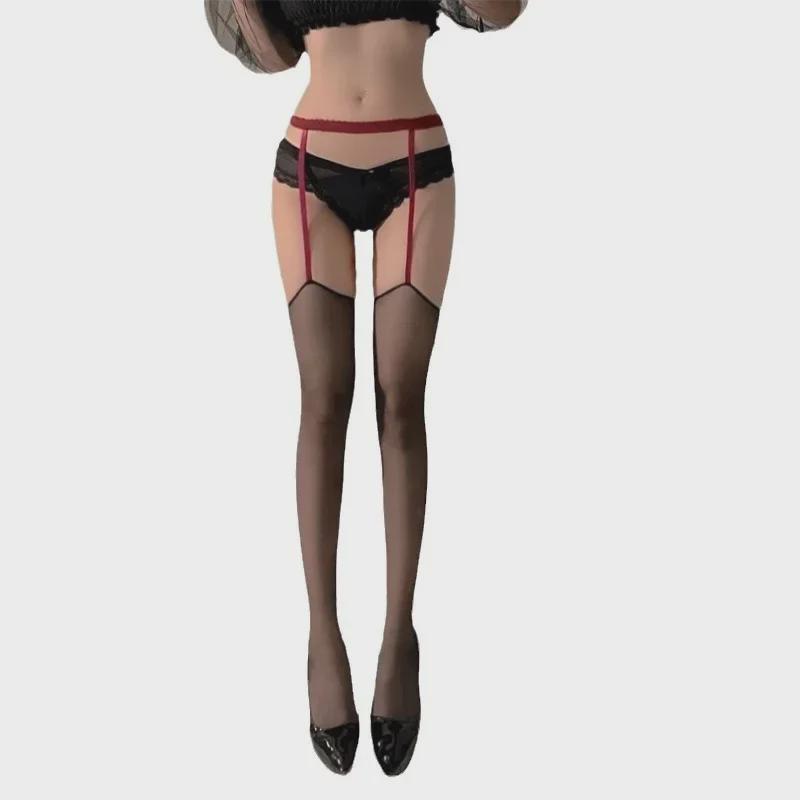 Сексуальные черные чулки выше колена с подвязками и красной отделкой для женщин