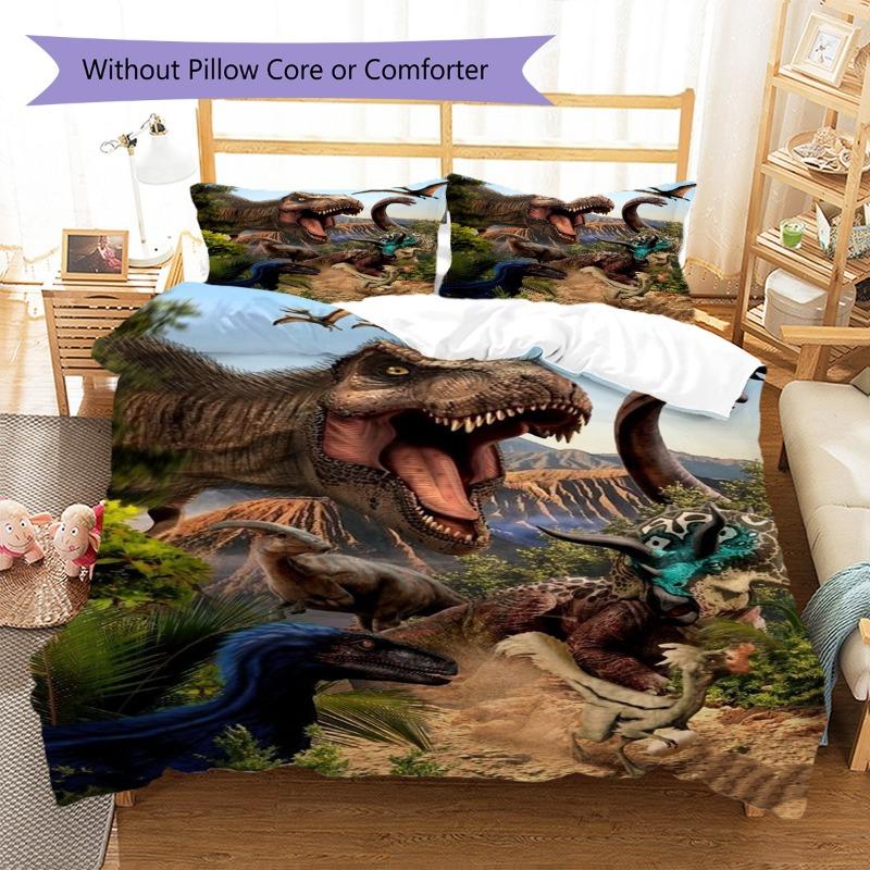 Jurassic Dinosaur Wild Valley Prehistoric Animal Print 3‑Pieces Duvet Cover Set Dino Bedding Without Pillow Core or Comforter