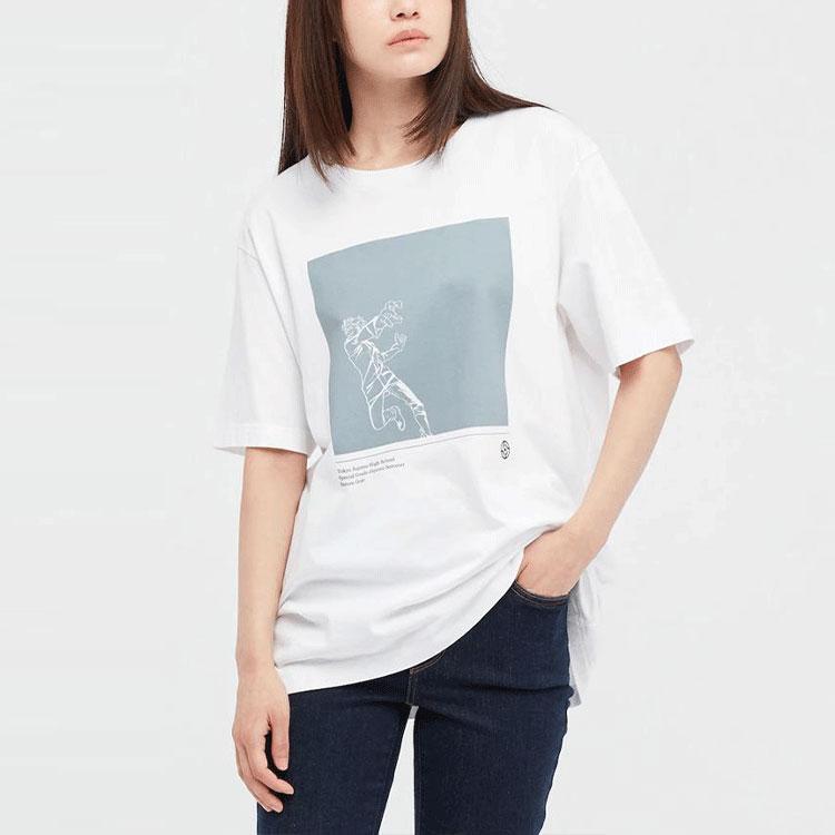 Uniqlo Унисекс футболка с принтом Jujutsu Kaisen, круглым вырезом и спущенным плечом, белая 449071000-00