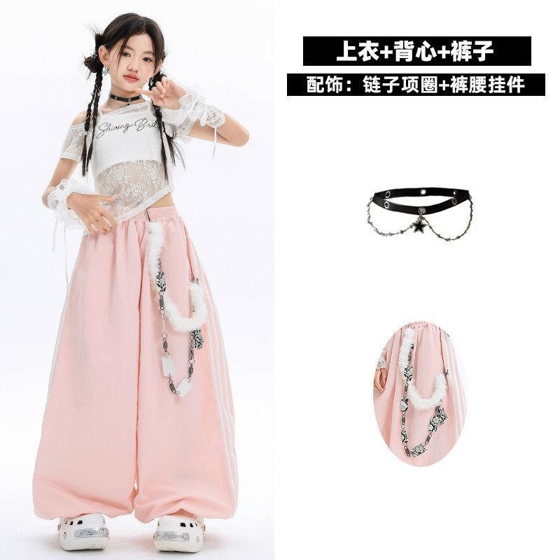 Girls Jazz Dance Outfit Hip Hop Street Performance Costume Kids Stage Wear With Lace Sleeve Top Pink Pants