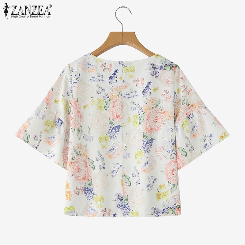 ZANZEA Женская повседневная блузка с круглым вырезом и рукавом 3/4 с цветочным принтом