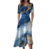 Ladies Casual Fashion Gradient Print V-Neck Short Sleeve Waist Long Swing Dress