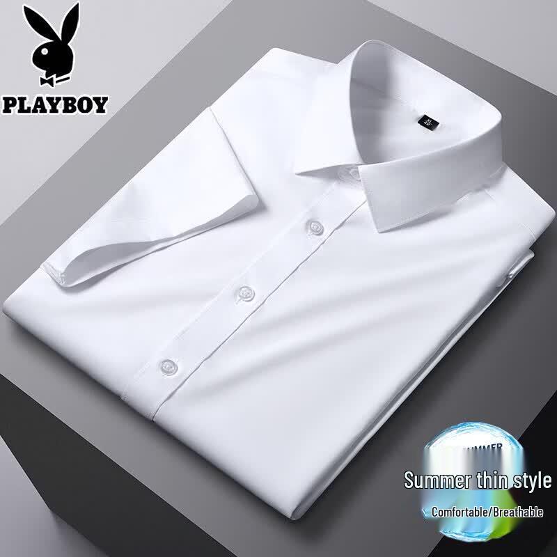 PLAYBOY Мужская рубашка с коротким рукавом из модала и ледяного шелка, не мнущаяся, для бизнеса