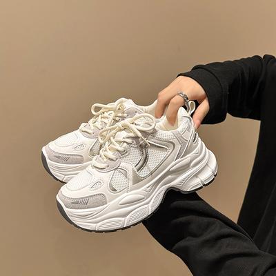 Кожаные папины кроссовки Детские весенне-летние новые сетчатые кроссовки на толстой подошве с увеличением роста Повседневная универсальная спортивная обувь