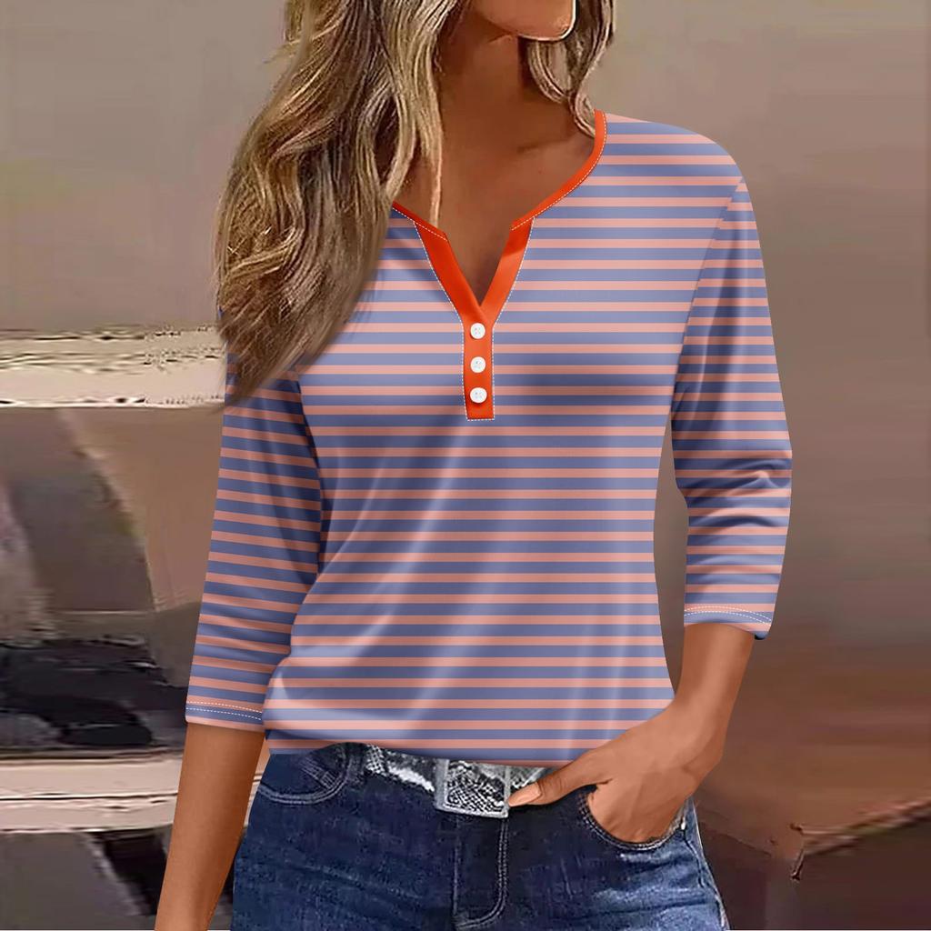 Жен. Футболка Футболка С принтом Пуговицы Рукав 3/4 Повседневные Выходные Мода Классический V-образный вырез Обычный Топ