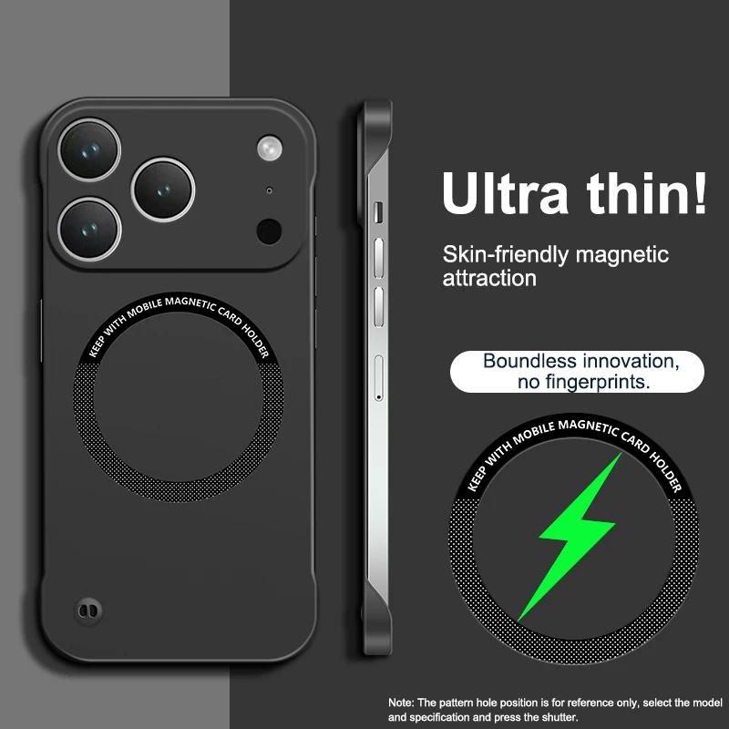 Премиальные Ультратонкие Безрамочные Магнитные Чехлы для IPhone 17 Air 16E 15 14 Plus 13 12 Pro Max Беспроводная Зарядка PC Жесткая Задняя Крышка