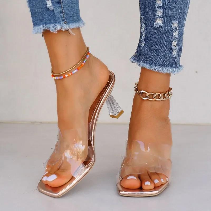 Летняя женская обувь 2024 года, хит продаж, модные женские туфли на высоком каблуке с открытым носком, прозрачные женские туфли на высоком каблуке, тапочки