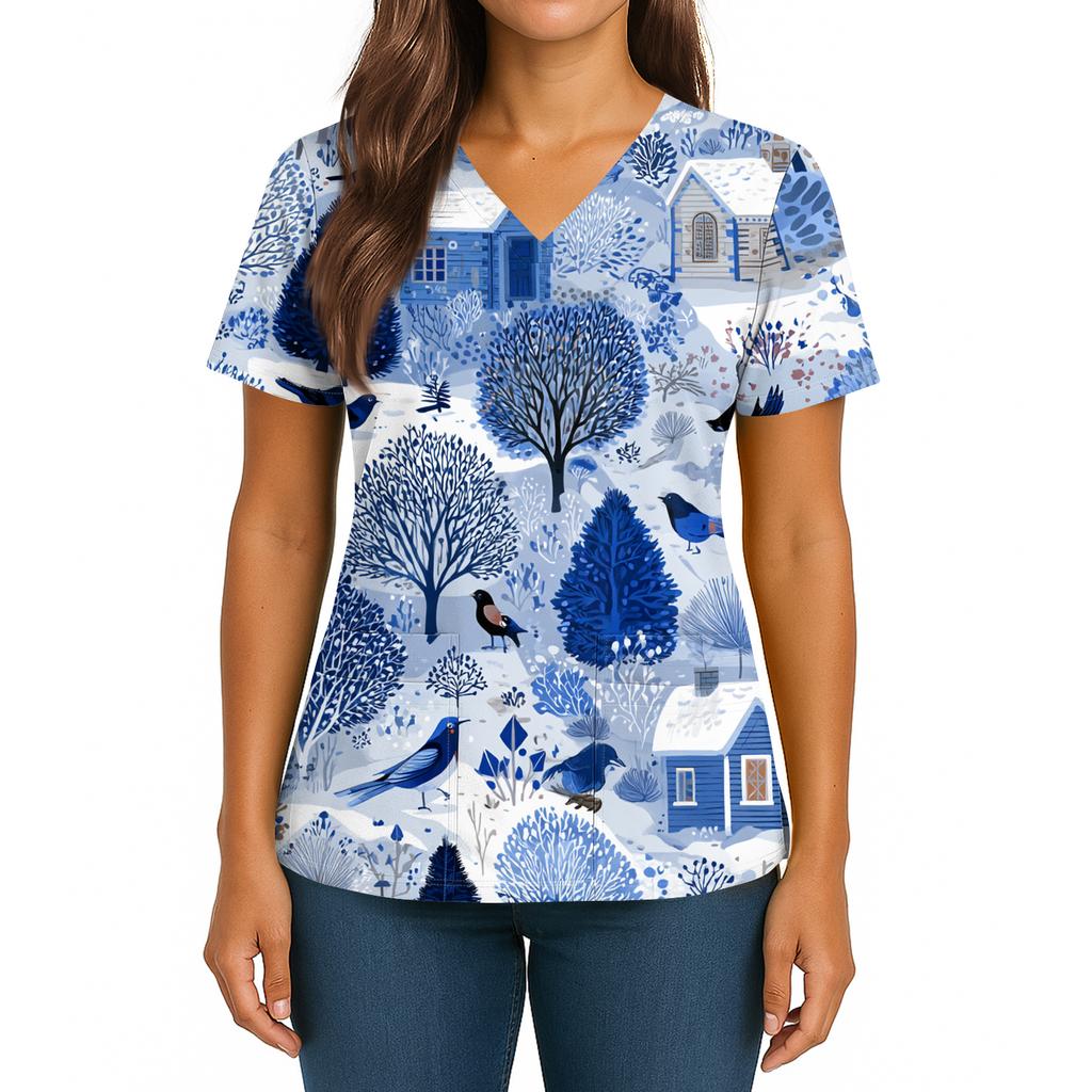 Women's Christmas Print V-Neck Double Pocket Short Sleeves Hem Slit Uniform And Caregiver Top