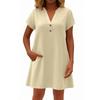 Women's Fashionable Solid Color V Neck Button Short Sleeved Pullover Dress
