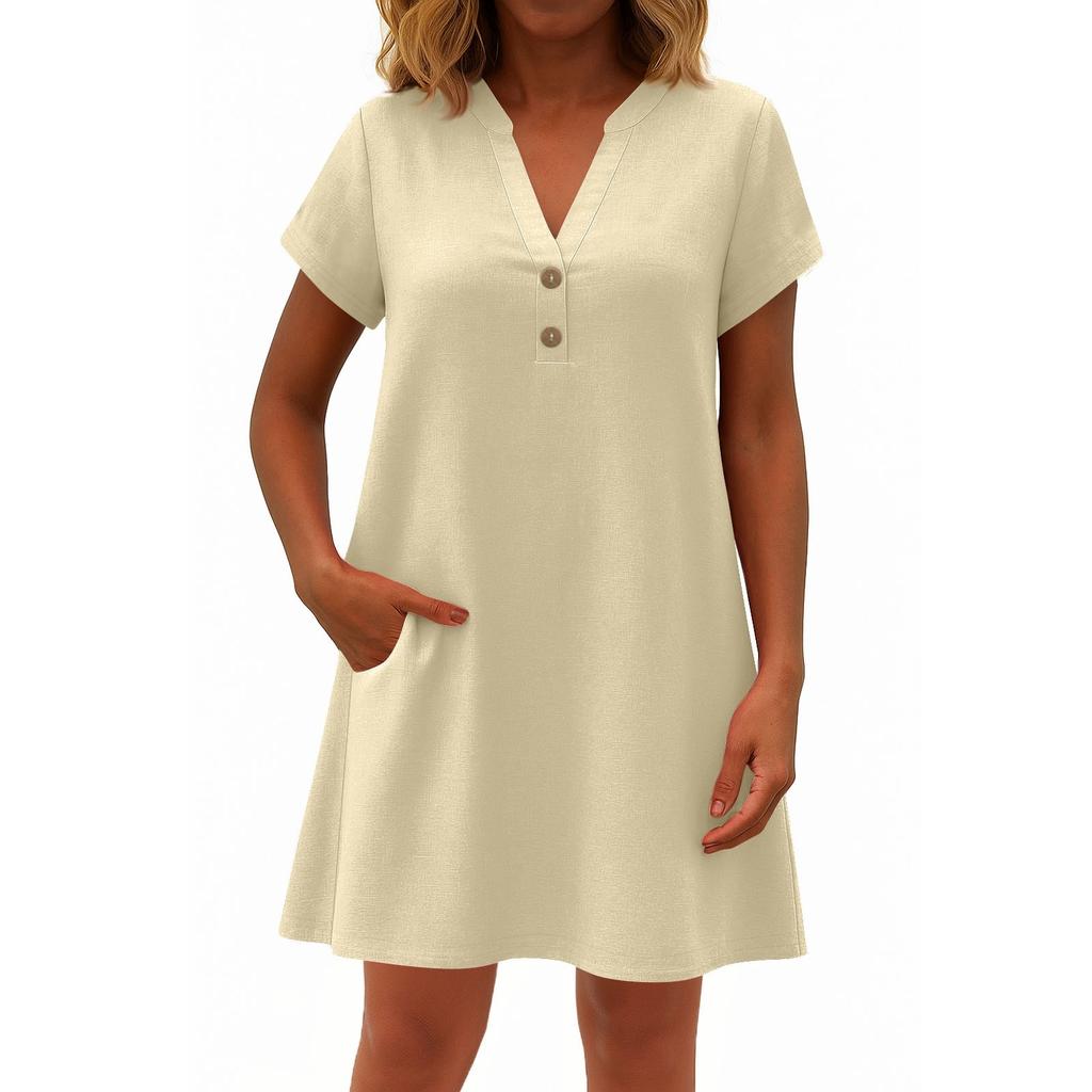 Women's Fashionable Solid Color V Neck Button Short Sleeved Pullover Dress