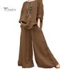 2 Pcs/Set Women Top Pants Set Round Neck Retro Long Sleeves Blouse Wide Leg Elastic Waist Trousers Daily Leisure Loose Outfit