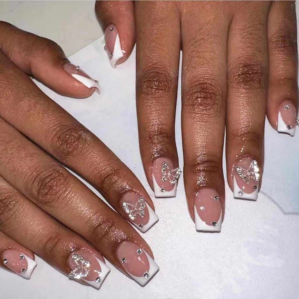 24Pcs Short Square Press On Nails White Rhinestone Flower French Tip Full Cover Reusable Fake Nail Tips