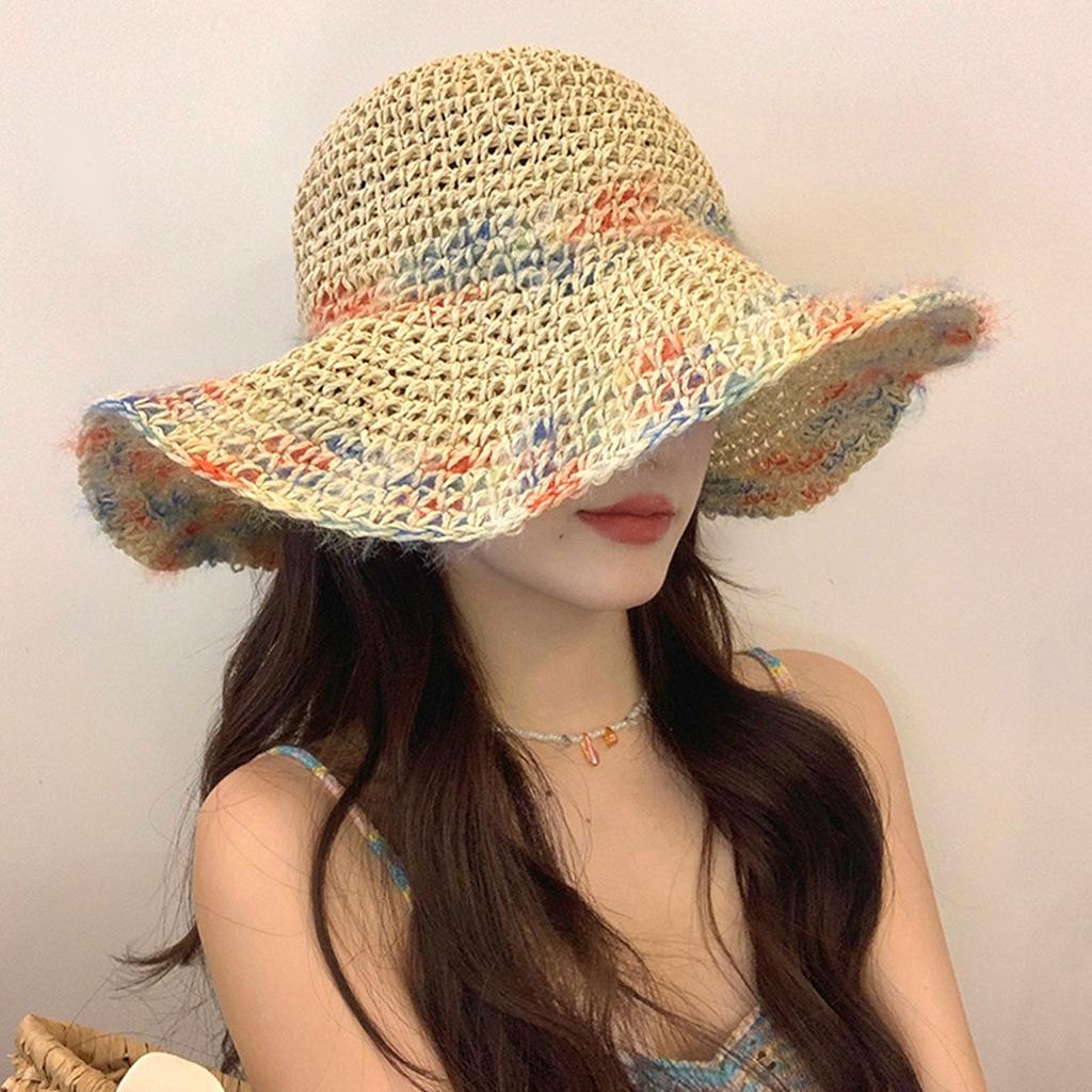 Women Summer Beach Sun Hat Large Brim & Colorful Woven Beach Sun Hats for Summer Beach Fishing Hiking