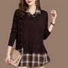 Fake Two Piece Women's Pullover Tops Solid Lapel Long Sleeve Shirt Knitted Sweater Fashion Buttons Loose Base Sweater