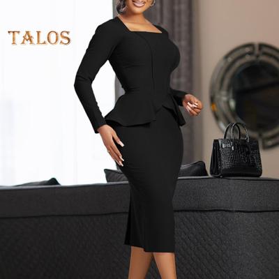 Женское деловое платье с квадратным вырезом и длинным рукавом, однотонное, с оборками, в стиле пэчворк, облегающее, OL, формальное платье миди для поездок на работу