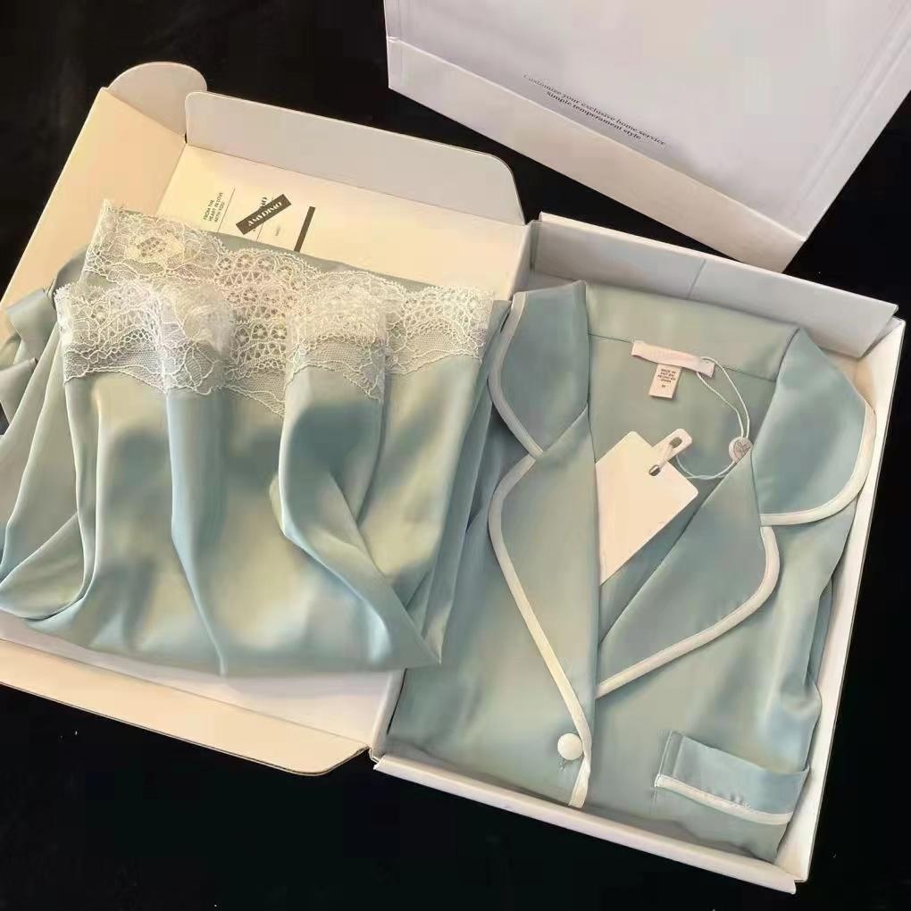 Spring Autumn New Ice Silk Soft Pajama Sets for Women Lace Lapel Cardigan Outfits for Women 2 Piece Set Sweet Pink Women Pajama