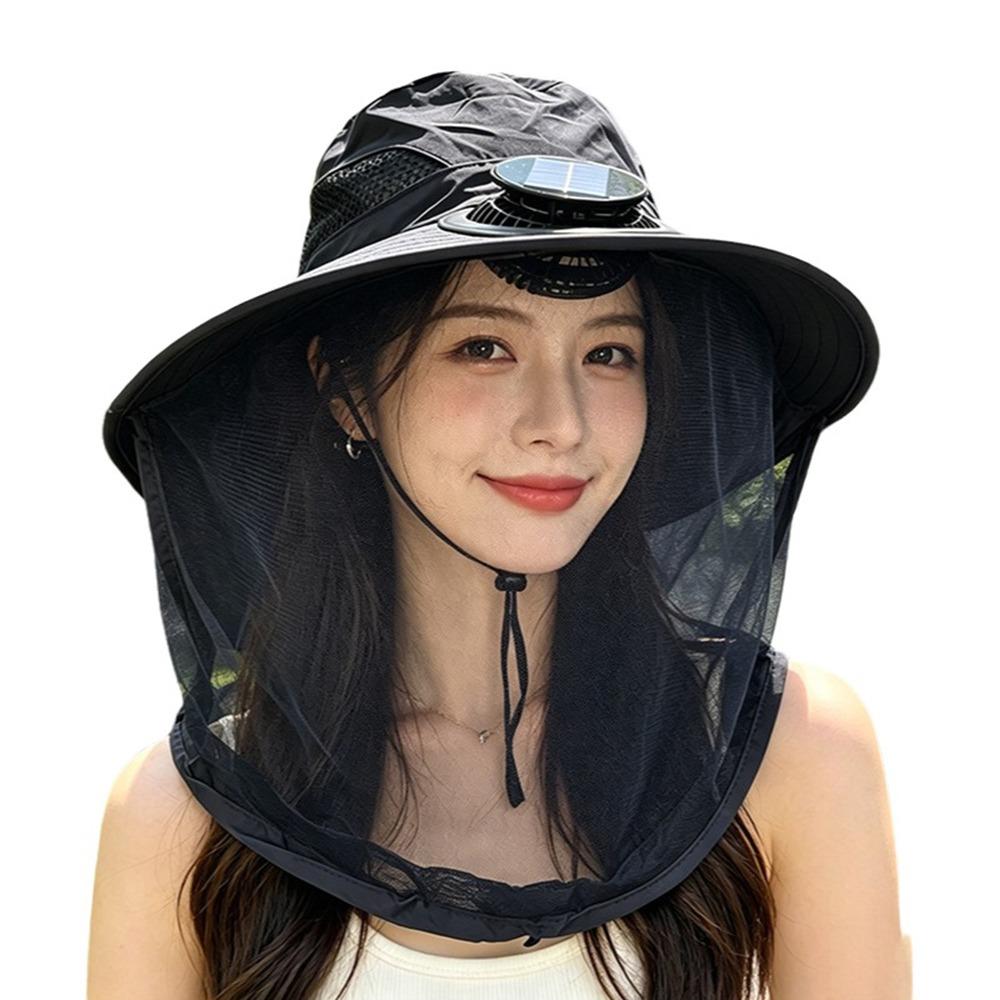Convenient With Net Mesh Mosquito Head Net Hat Foldable Breathable Solar Fan Hat Cooling Quick-Drying Fishing Bucket Hat Hiking