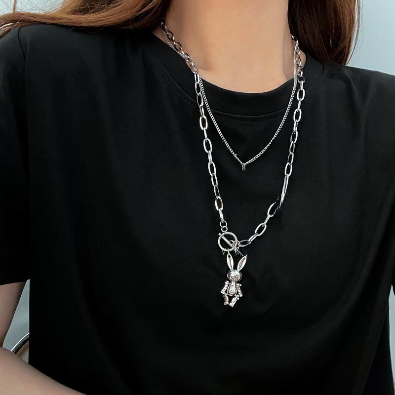 Double-Layer Punk Rabbit Cross Necklace - Unisex Hip-Hop Style