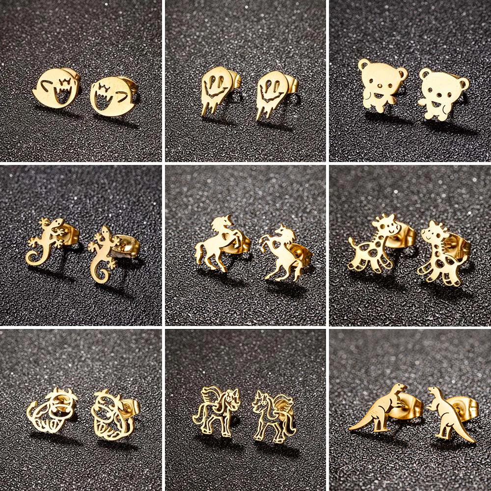 Cute Cartoon Black Minimalist Earrings Stud For Women Stainless Steel Monster Ghost Gothic Halloween Earrings Zircon Gifts