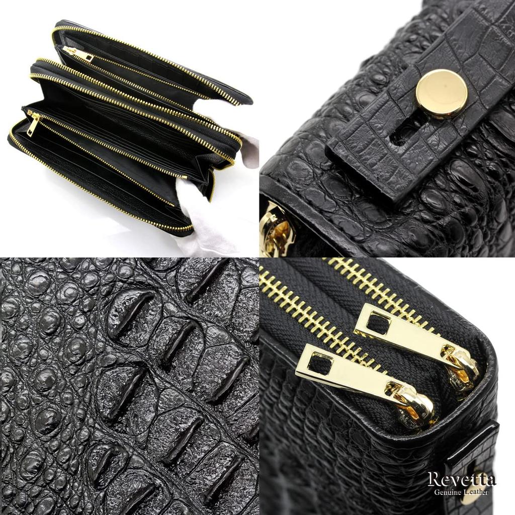Crocodile Long Large 40 Card Crocodile Double Round Genuine Single Piece Leather [Levetta] Wallet, Capacity, Holds, Wallet, Leather, Men's, Black,
