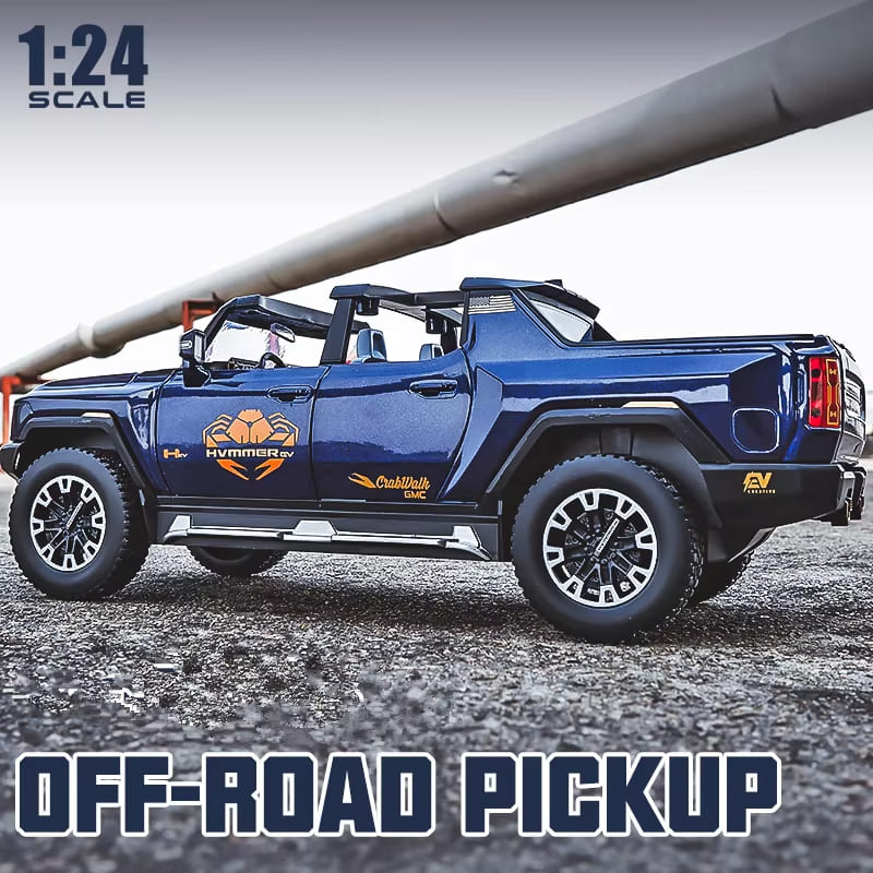 1:24 Hummer EV Pickup Alloy New Energy Car Model Cast Metal Off-road Vehicle Car Model Simulation Sound and Light Children's Gift Convertible Pickup