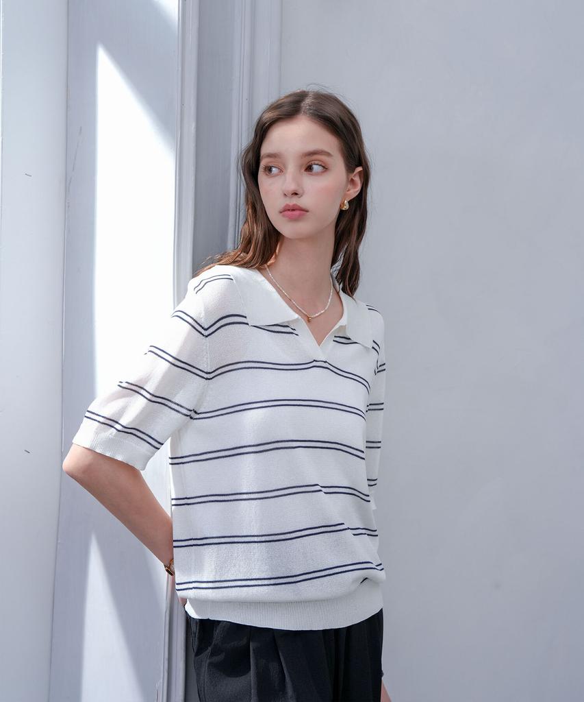 PIGMENT Semi-Open Stripe Collared Knit (Tdsw260510)