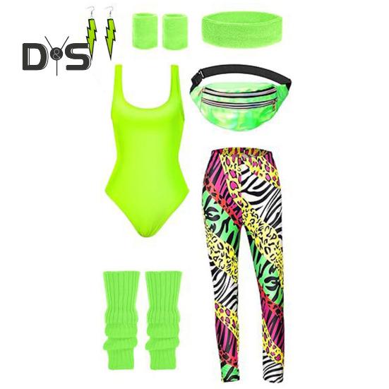 Женский спортивный костюм в стиле ретро 1980-х годов, спортивная одежда, фитнес-экипировка, аксессуары для костюмов с жилетом, леггинсы, повязка на голову, браслеты, гетры, серьги, поясная сумка