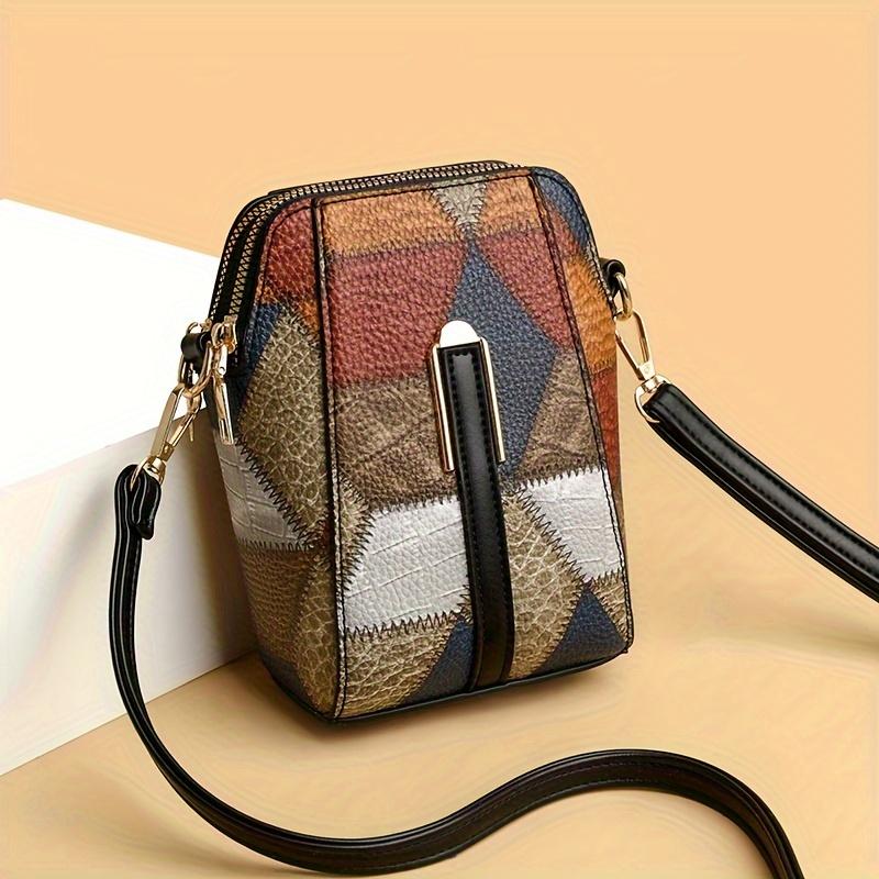 Bohemian Mobile Phone Bag, Retro Mini Crossbody Bag, Colorblock Rhombus Pattern Shoulder Purse