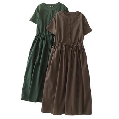 Настоящее лето Новое литературное и свободное однотонное платье с круглым вырезом и короткими рукавами женское на талии средней длины