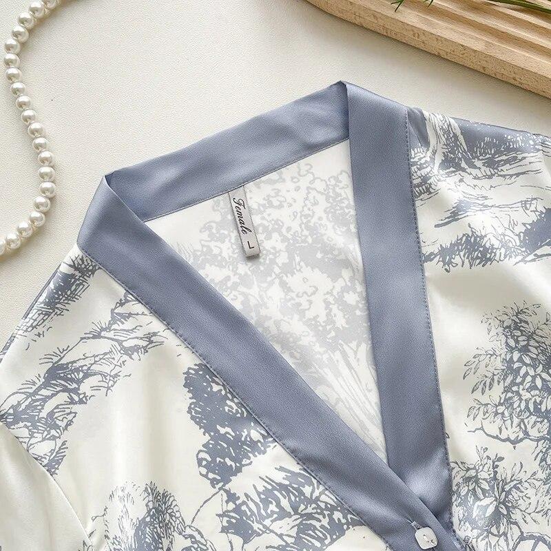 Ледяной шелковый принт, модный женский пижамный комплект, пижамный костюм с длинными рукавами