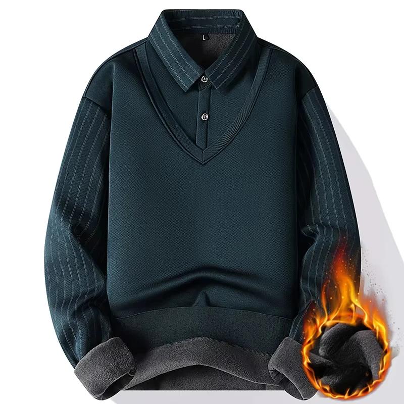 Мужской пуловер вязаный свитер с имитацией двух частей 2025 Зимний теплый топ Утепленный флисом на бархатной подкладке Свитер с воротником-рубашкой Мужская одежда