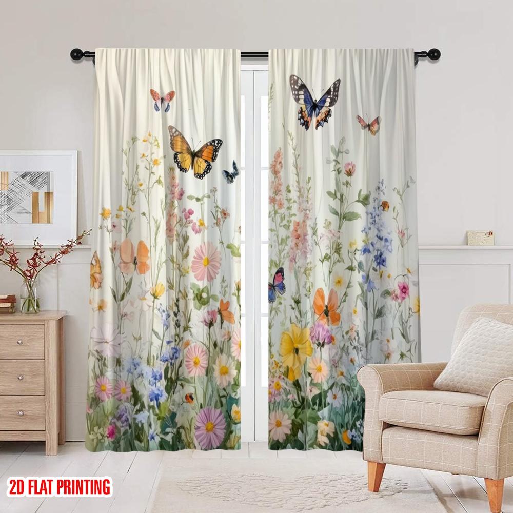 2pcs,2D Plane Printing Contemporary Curtains Butterfly Meadow 100% Polyester (without Rod) Versatile All Use for Bedroom Living