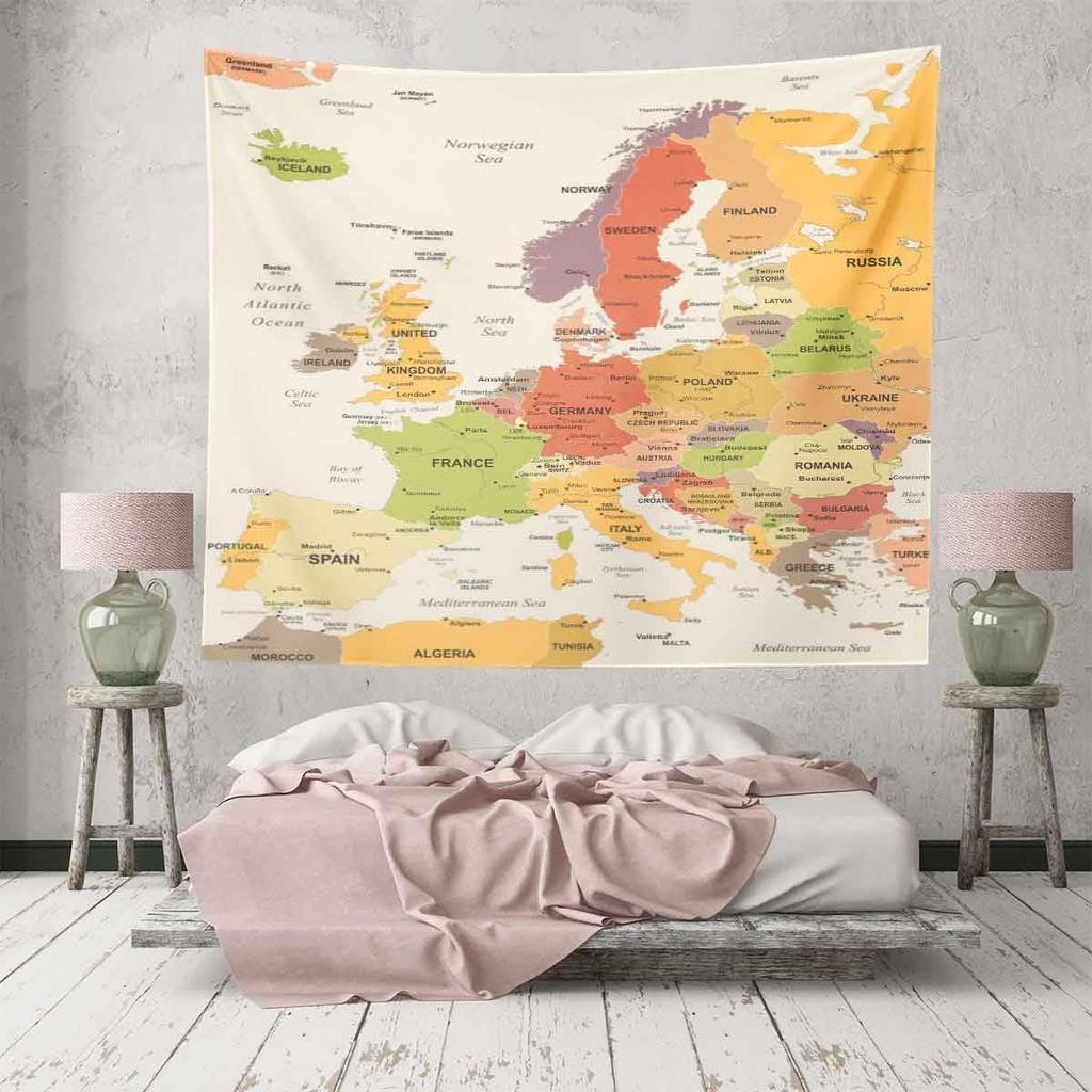 BULOR Map Tapestry Wall Hangings EU Euro Vintage Map with Countries Cities Tapestry For Kids Student Bedroom Living Room Dorm Cave Background