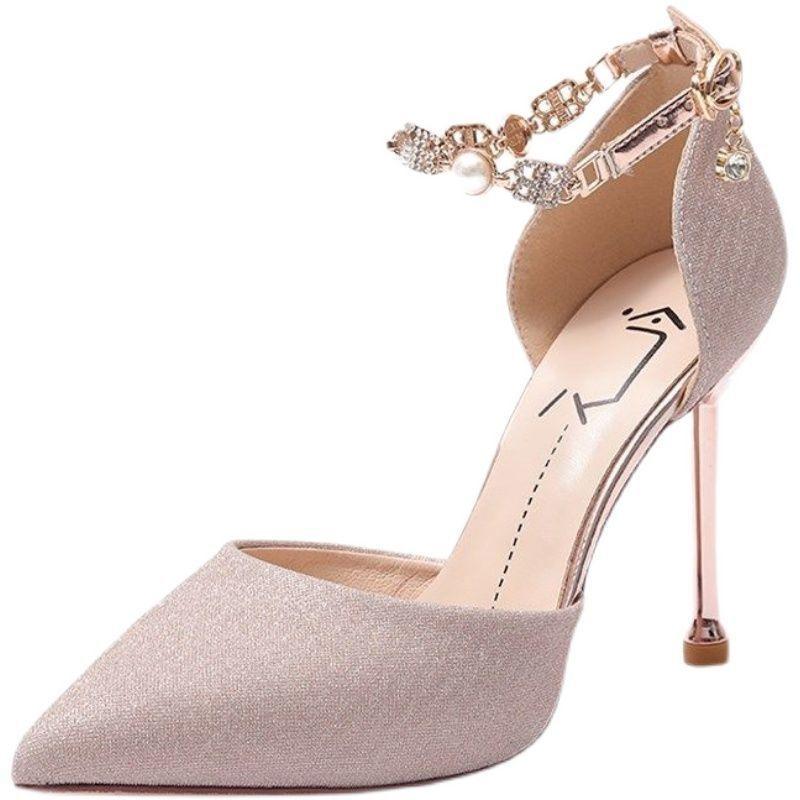Ladies High Heels Ankle Buckle Strap Women's Trend Dress Pump Women Pearl Metal Decoration Spike Heels Shoes Women
