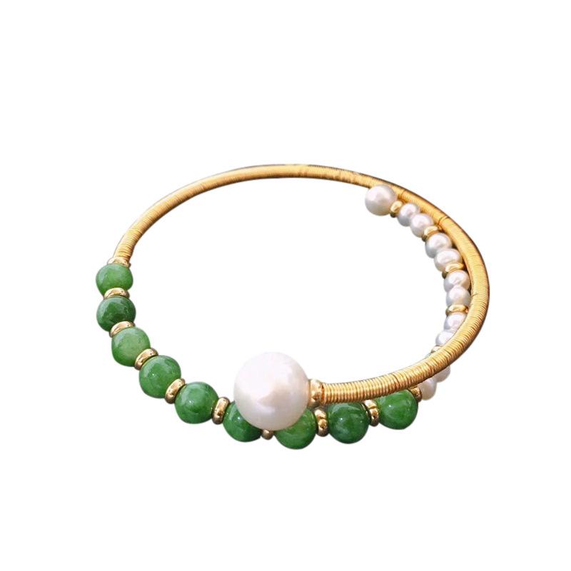 New retro hand-woven natural freshwater pearl bracelet, ethnic style simple 11k gold jadeite bracelet women