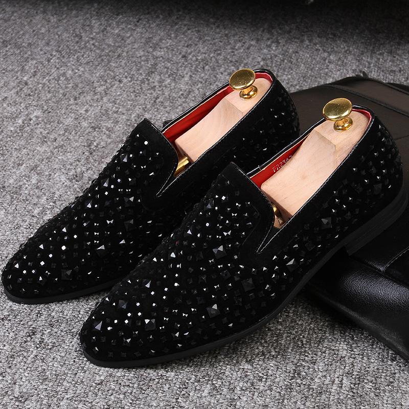 Fashion Man Loafers Shoes Genuine Leather Casual Fashion Mens Rhinestone Driving Shoes Man Flats Dress Wedding Slip-on Club Shoe
