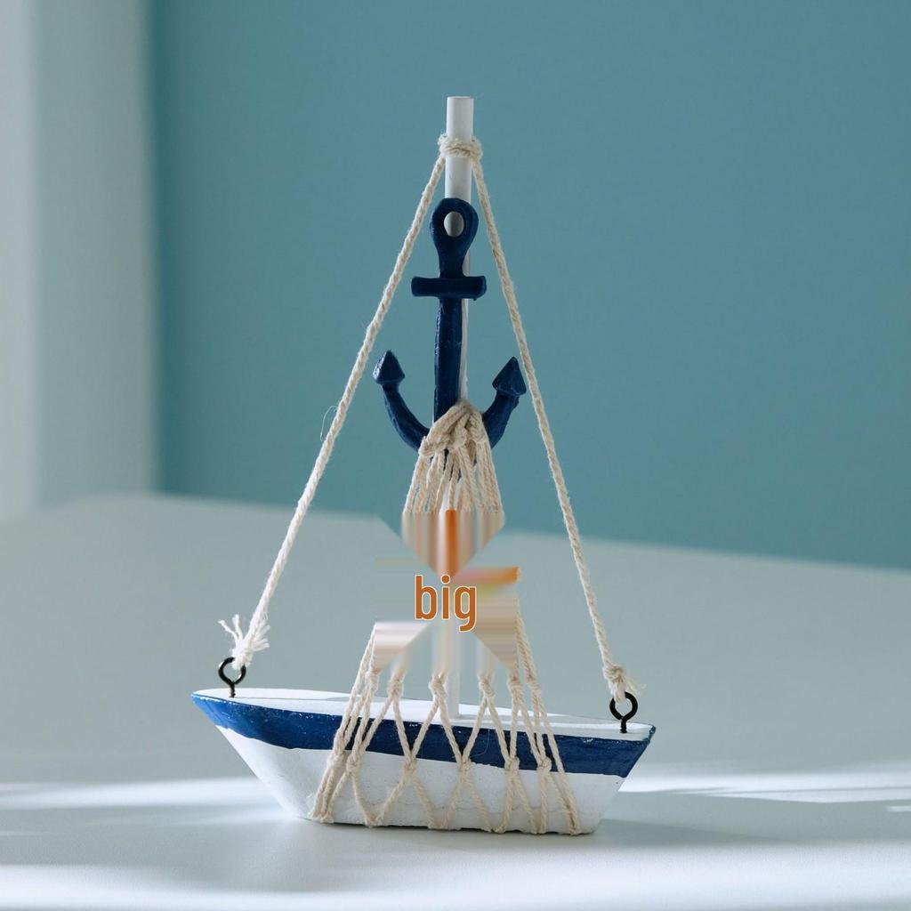 Mediterranean Wooden Sailboat Model with Cotton Rope Net - Mini Desktop Ornament & Photo Prop