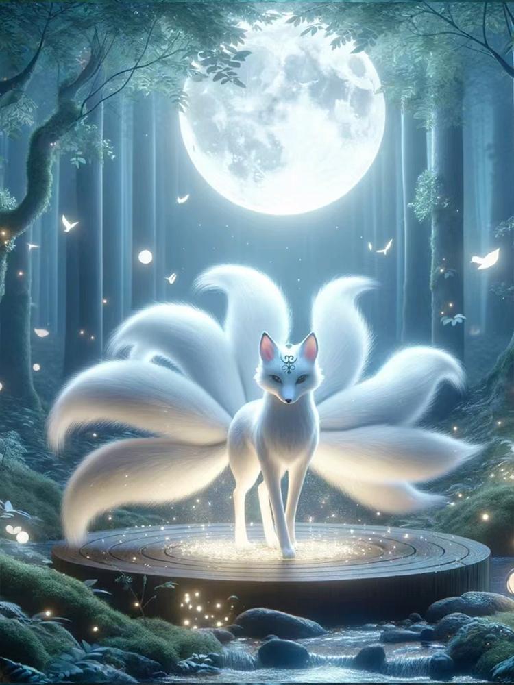 5d Diy Full Square Circular Diamond Paintingnine Tailed Foxfox Fantasy Embroidery Mosaic Animal Home Decoration Under Moonlight