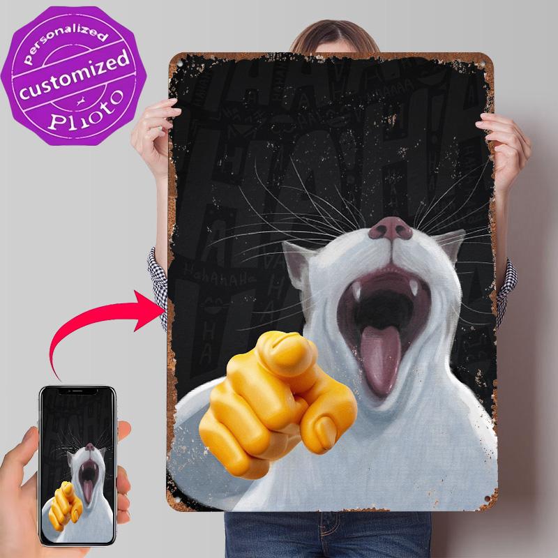Laughing Pointing Cat Meme Tin Poster Customized Wall Art Retro Vintage Metal Signs for Fans Room Gaming Decoration Garage House
