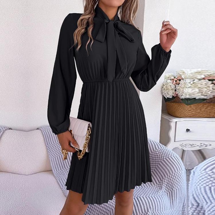 Элегантное осенне-зимнее женское платье на шнуровке с высокой талией, длинным рукавом и плиссировкой, однотонное