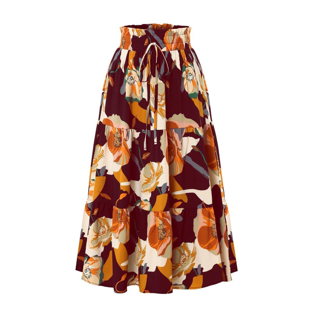 A-line Skirt, Pleated Skirt, Floral Print, Elastic Waist, Midi Skirt
