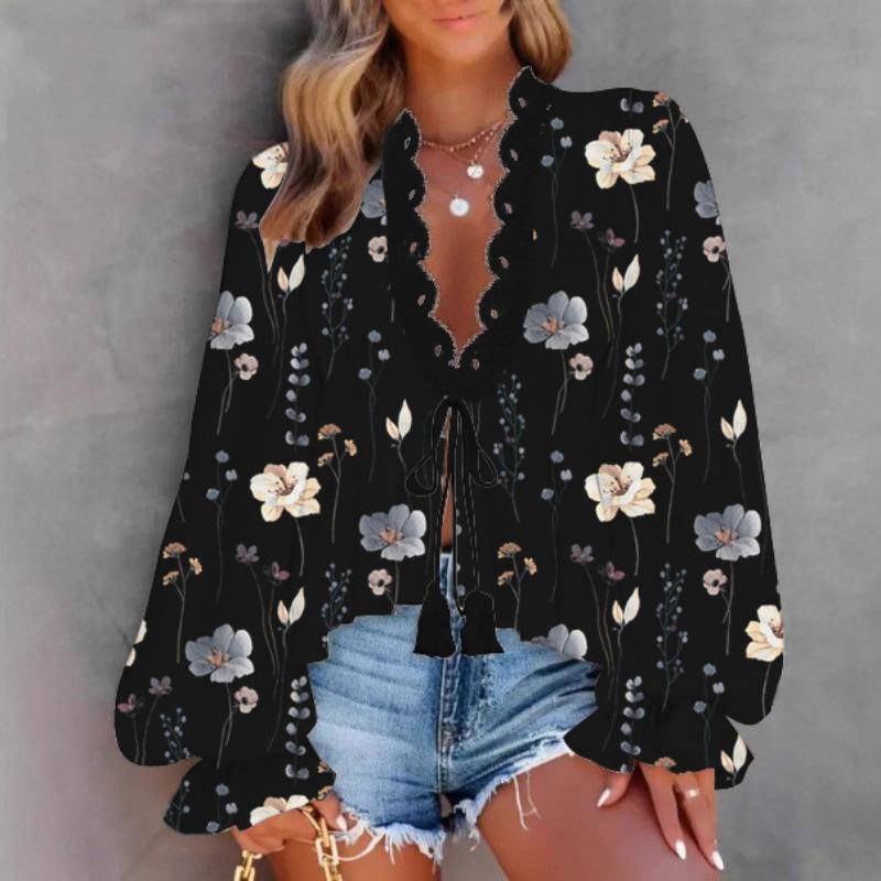 2025 Весна и Осень Новая Женская Рубашка с V-образным Вырезом и Кружевной Отделкой