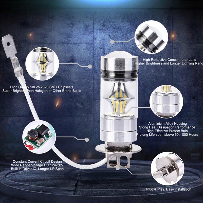 2Pcs 100W White Led H3 High Power 2828 Car Fog Light Bulb Drl 1000Lm