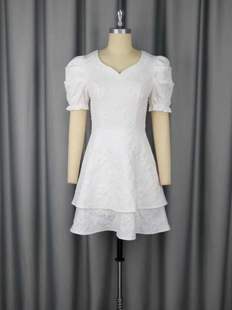 AOMEI Jacquard Wedding Guest Dresses for Women A Line V Neck Short Puff Sleeves Floral Tierred Knee Length Outfits