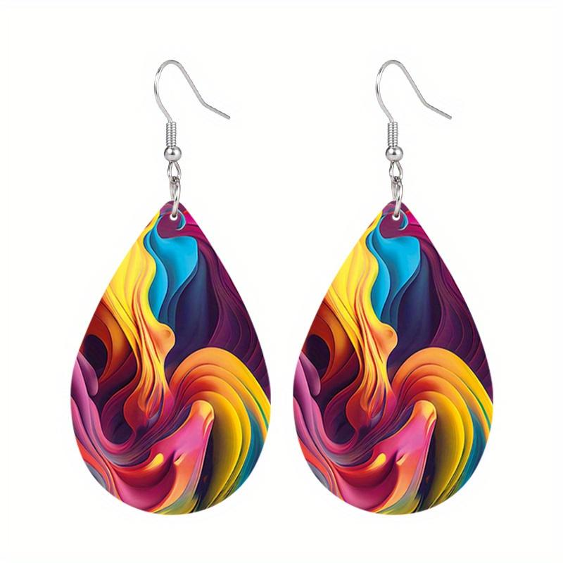 Boohemia Style Clorful Streamer Print Waterdrop PU Earrings for Women Girls Flowert Pattern Dangle Earrings Party Decorations