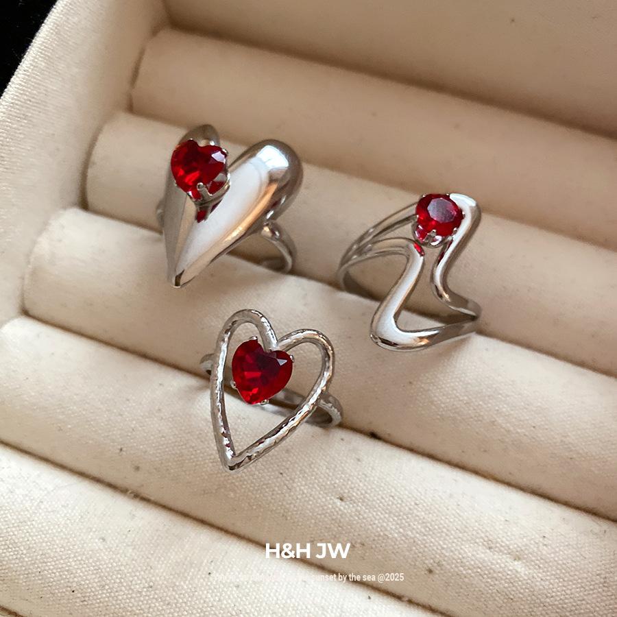 Red Zircon Smooth Heart-shaped Open Ring Simple Index Finger Rings Jewelry for Women